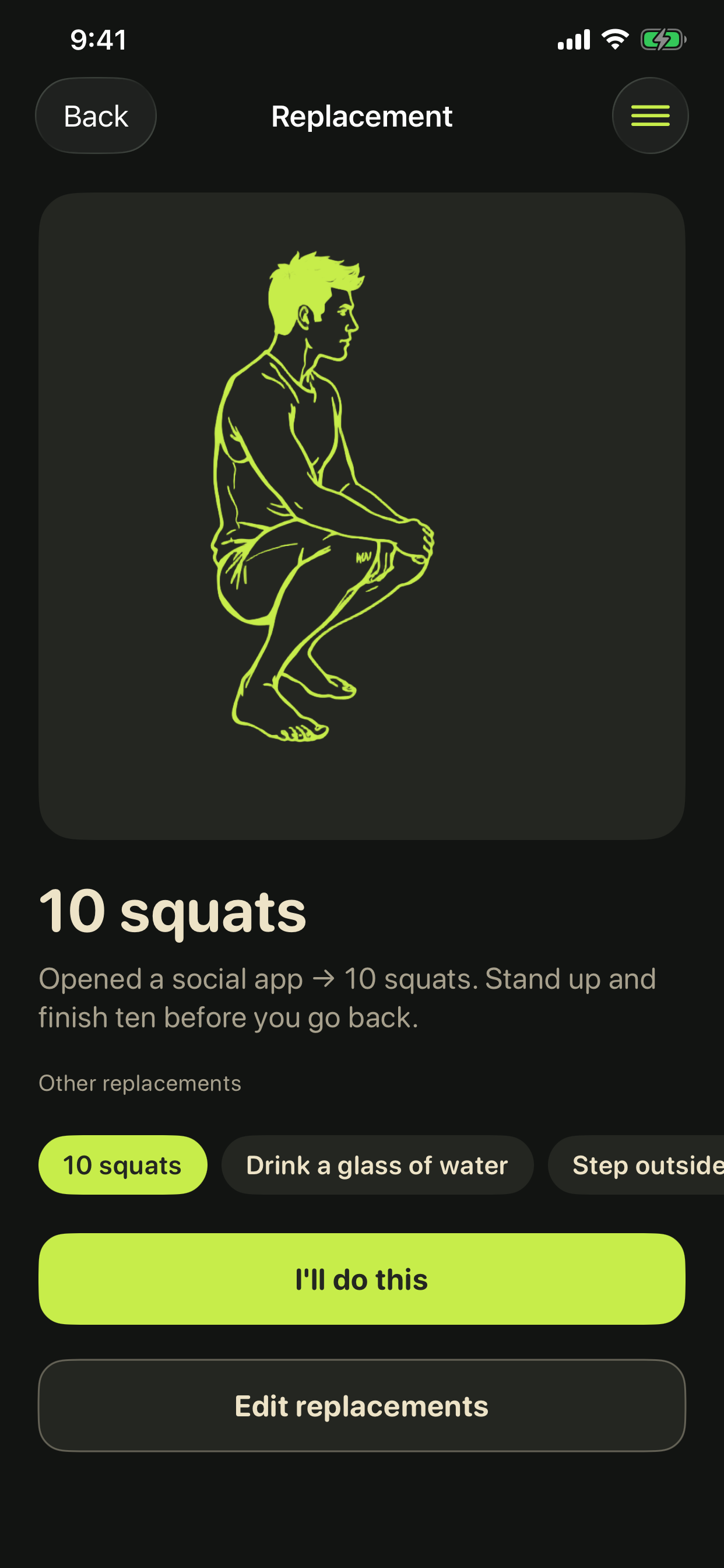 Replacement offer of ten squats